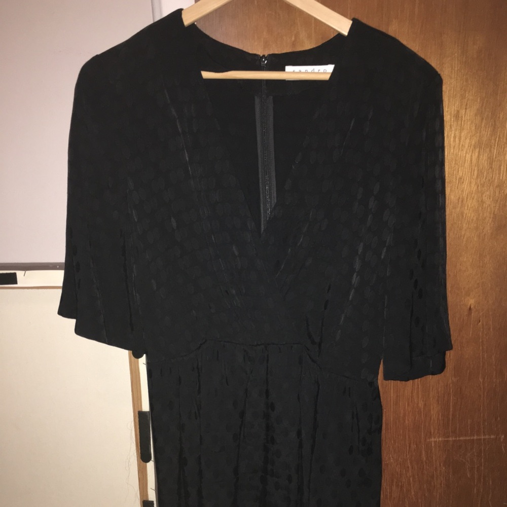 Black Sandro Dress-Faux Wrap,Short Slv,Knee Length